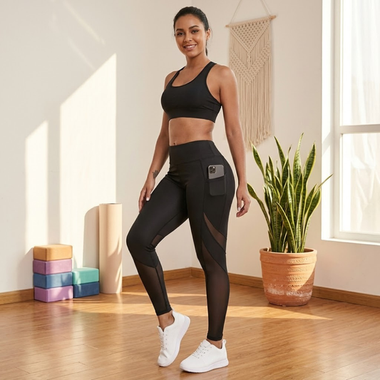 Solid Contrast Mesh Pocket Fitness Leggings